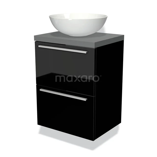 Schwarzes Badmöbel mit glänzender Oberfläche, einschließlich runder weißer Aufsatzwaschbecken, 2 Schubladen und metallischen Haltegriffen.