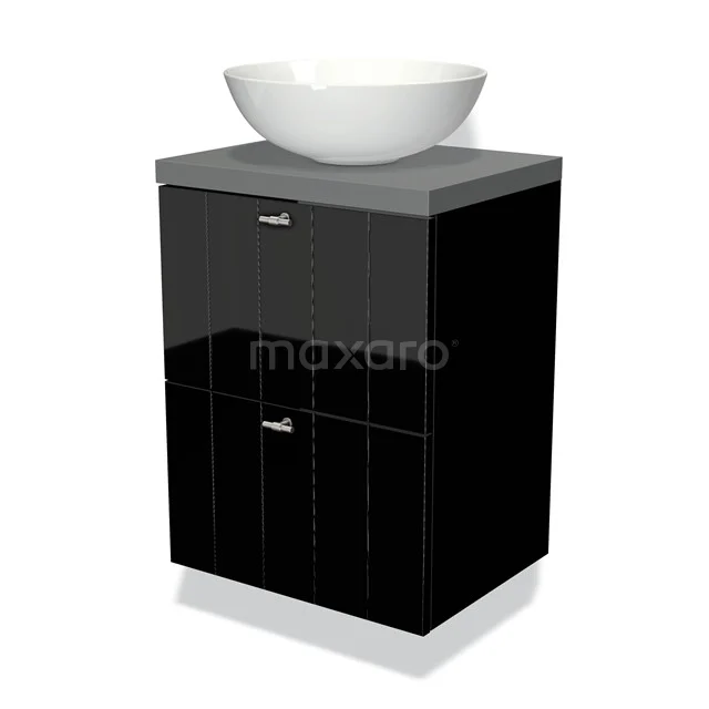 Modulo Plato Slim Vanity units for countertop basin | 50 cm High-gloss black Slat front Mid grey worktop 2 Stacked drawers BMK37-00203
