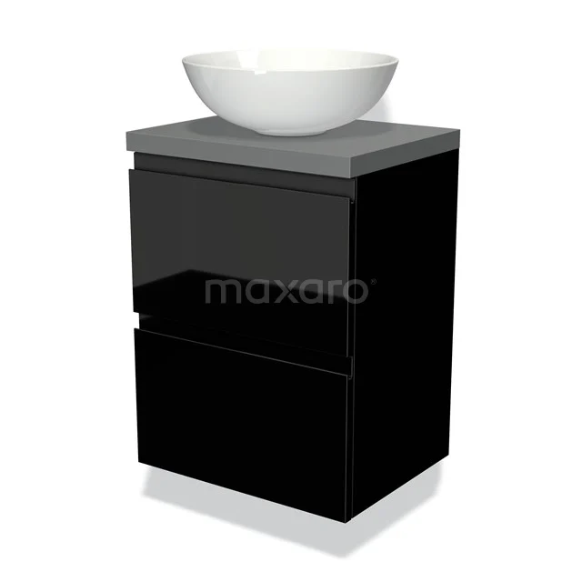 Schwarzes glänzendes Badmöbelset mit keramischem Waschbecken, kompaktem Design und mattem grauem Oberteil ideal für moderne Bäder.