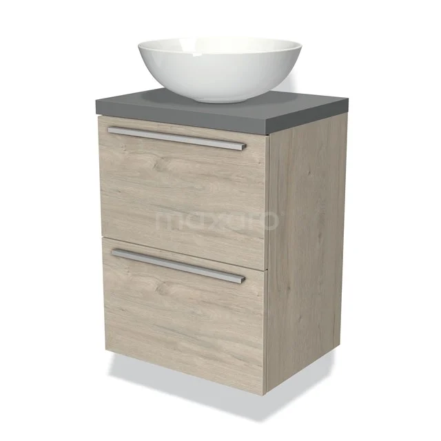 Badmöbel mit Waschbecken, leichtes Eichenholz, zwei Schubladen und graue Platte, modernes Design, ideal für kleine Bäder.