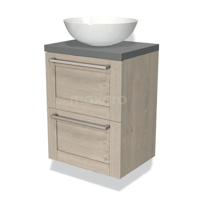 Wooden bathroom unit with grey worktop, white countertop wash basin and two drawers, ideal for a modern bathroom design.