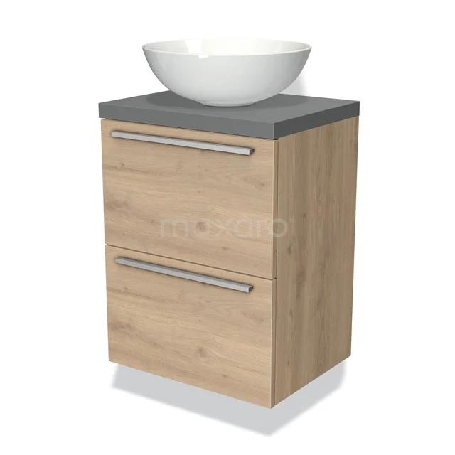Badmöbel mit Konsole 50cm Modulo Plato Slim Hellbraune Eiche 2 Schubladen Flach BMK37-00209 Holz-Badschrank mit zwei Schubladen, graue Platte und weißem keramischen Waschbecken; kompaktes Design für moderne Bäder.
