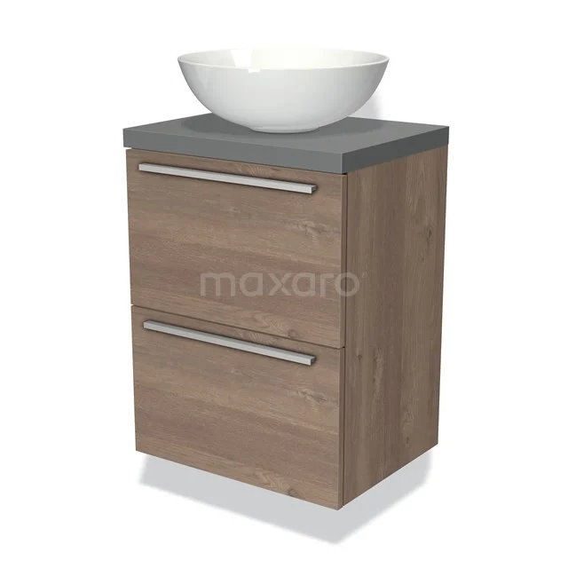 Holz-Badmöbel mit zwei Schubladen, graue Platte und rundes Waschbecken, modernes Design für stilvolle Badezimmergestaltung.