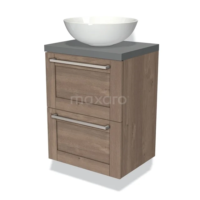 Modulo Plato Slim Vanity units for countertop basin | 50 cm Mid brown oak Frame front Mid grey worktop 2 Stacked drawers BMK37-00212