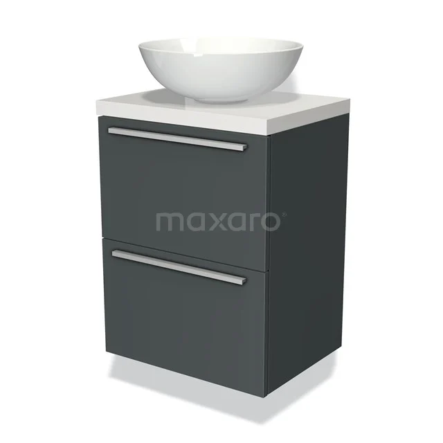 Dunkelgraue Badmöbelset mit weißer Waschbecken, schlichten metallischen Haltegriffen und modernem Design.