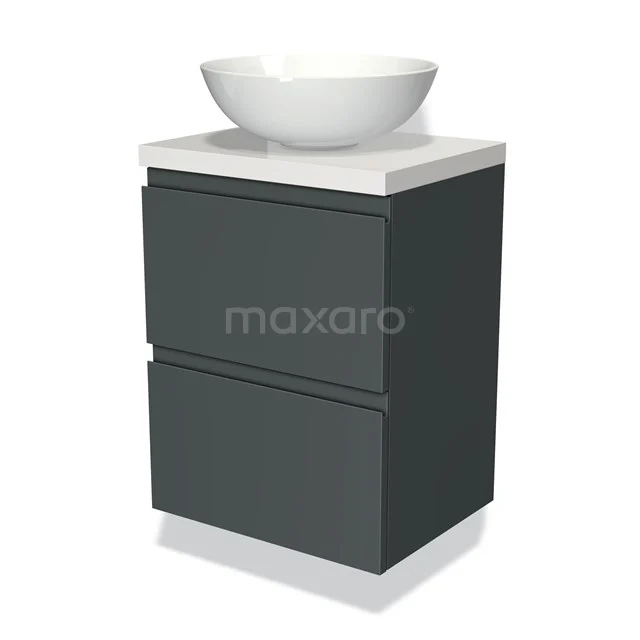 Waschtischunterschrank mit Konsole 50cm Modulo Plato Slim Dunkelgrau 2 Schubladen Grifflos BMK37-00230 Dunkelgrau Badmöbel mit keramischem Aufsatzwaschbecken, zwei Schubladen und weißer Platte, stilvolles und kompaktes Design für moderne Bäder.