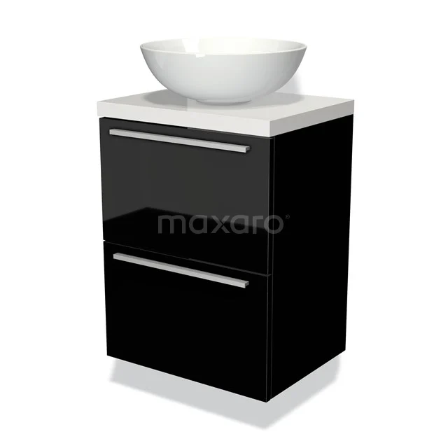 Schwarzes Hochglanz-Badmöbel mit zwei Schubladen und Waschbecken, modernes Design ideal für kompakte Bäder.