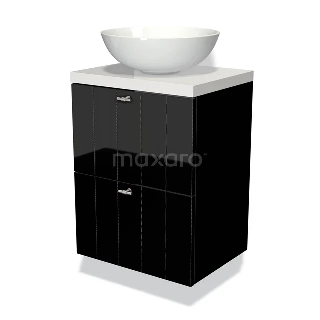 Modulo Plato Slim Vanity units for countertop basin | 50 cm High-gloss black Slat front High-gloss white worktop 2 Stacked drawers BMK37-00232