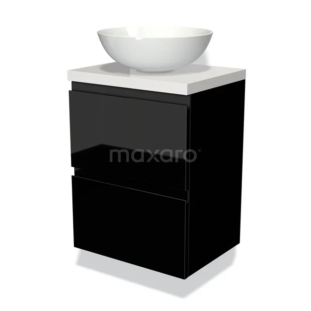 Schwarzes Badmöbel mit weißem Aufsatzwaschbecken, modernes glänzendes Design, perfekt für elegante und kompakte Bäder.