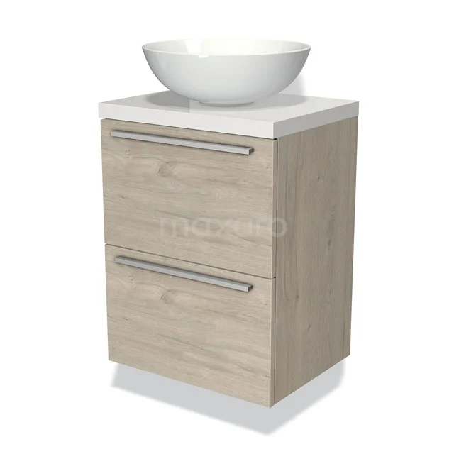 Holz-Badmöbel mit Waschbecken, zwei Schubladen, hellen Holzfarbe, modernes Design und chromfarbene Haltegriffe.