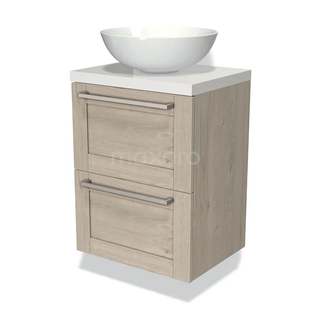 Badmöbel mit Konsole 50cm Modulo Plato Slim hellgraue Eiche 2 Schubladen Rahmen BMK37-00237 Holz-Badmöbel mit zwei Schubladen und einem weißen Keramik-Waschbecken, ideal für moderne Badezimmerinterieurs.