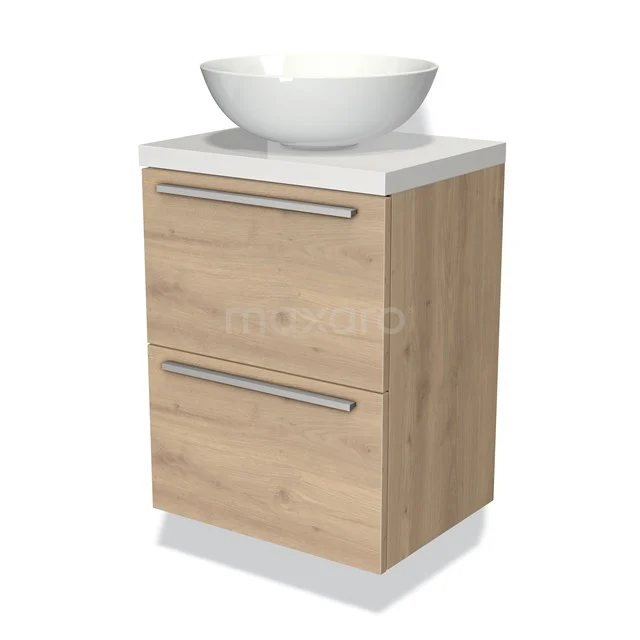 Holz Badschrank mit zwei Schubladen und einem modernen weißen Aufsatzwaschbecken, perfekt für stilvolle Badezimmerlagerung.