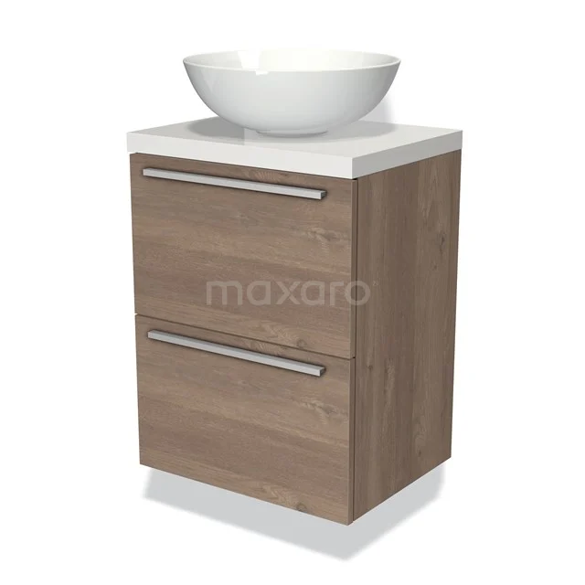 Holz Badezimmermöbel mit weißem Aufsatzwaschbecken, zwei Schubladen und modernen Griffen, ideal für stilvolle Badezimmerlagerung.