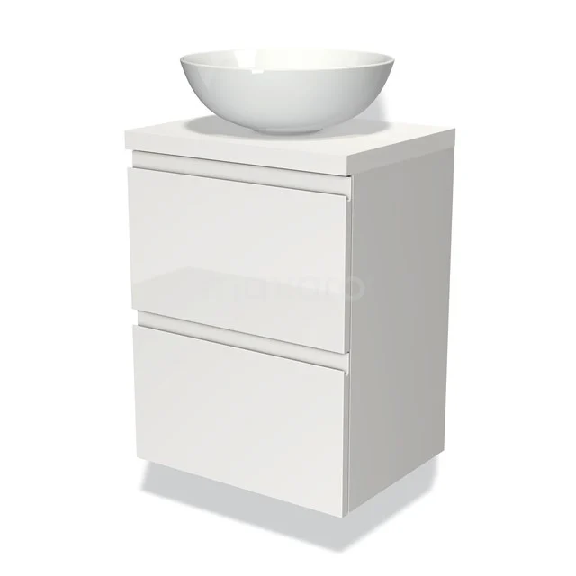 Weißes Hochglanz-Badmöbel mit einem runden keramischen Aufsatzwaschbecken, zwei Schubladen und moderner Verarbeitung.