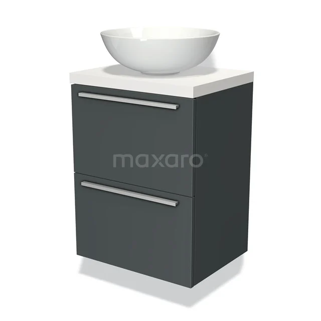 Graue Badmöbelset mit zwei Schubladen und weißem Waschbecken, modernes Design, ideal zum stilvollen Verstauen im Badezimmer.