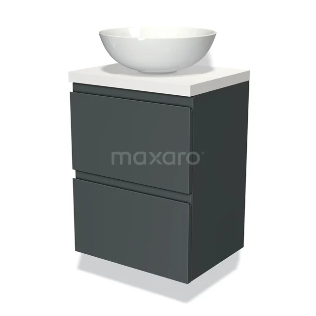 Dunkelgraue Badmöbelset mit zwei Schubladen, weißem Aufsatzwaschbecken und klarem Design, perfekt für moderne Bäder.