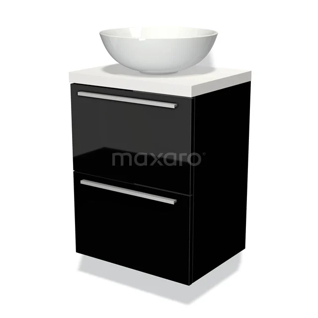 Schwarz glänzendes Badmöbel mit weißem Aufsatzwaschbecken, zwei Schubladen und chromfarbenen Haltegriffen; moderner Stil für ein elegantes Badezimmer.