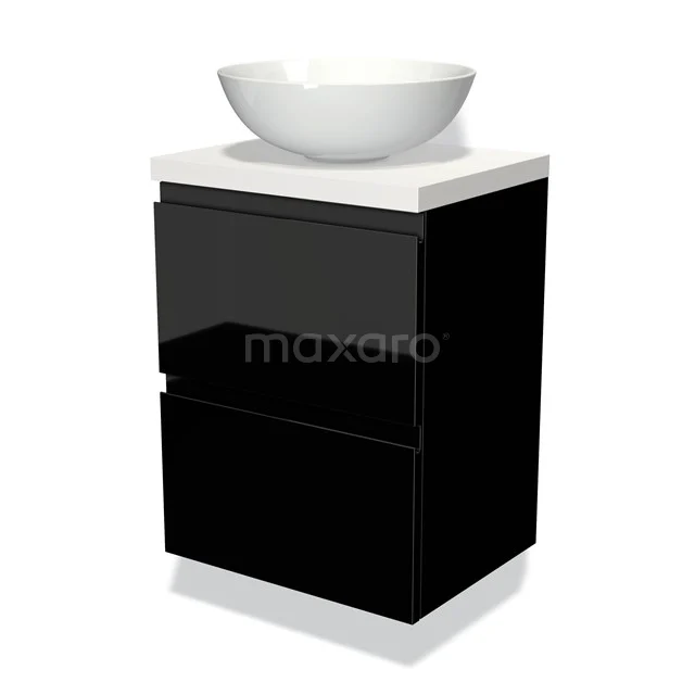 Modulo Plato Slim Vanity units for countertop basin | 50 cm High-gloss black Handle-less front Matte white worktop 2 Stacked drawers BMK37-00262