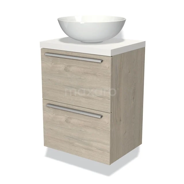 Holz-Badmöbel mit zwei Schubladen und einem weißen Aufsatzwaschbecken, kompaktes Design für moderne Bäder.