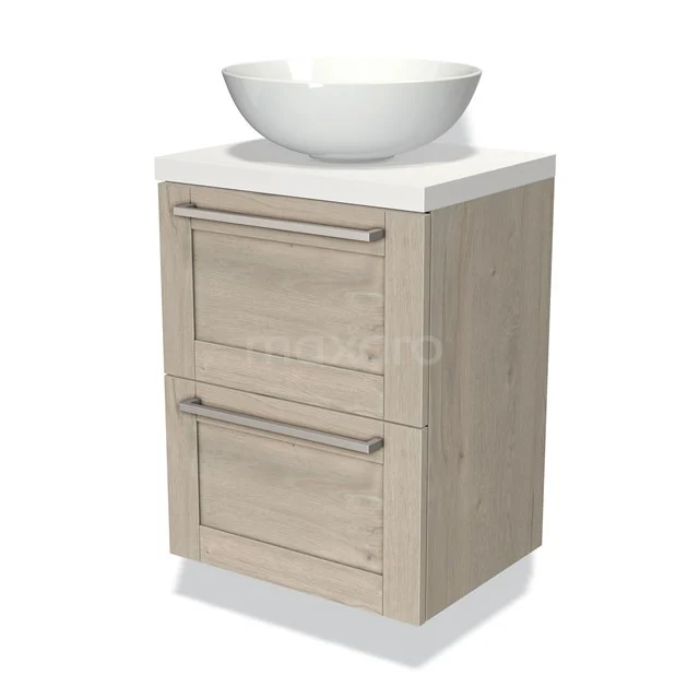 Wooden bathroom unit with white countertop wash basin, 2 drawers with metal handles, modern design and compact size.
