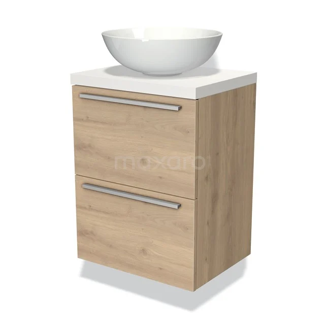 Holz Badezimmermöbel mit Aufsatzwaschbecken, Eiche-Look, 2 Schubladen mit Stahl Haltegriffen, modernes und kompaktes Design.