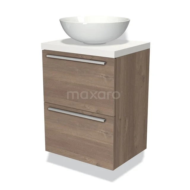 Hölzerner Badschrank mit zwei Schubladen, weißer Waschbecken und Edelstahl Haltegriffen, perfekt für eine moderne Badezimmerinrichtung.