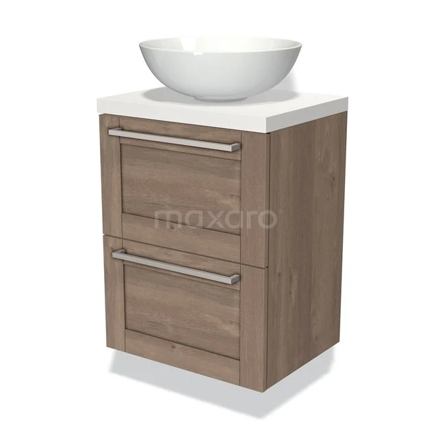 Wooden bathroom unit with two drawers, white ceramic countertop basin, compact design suitable for small bathrooms.