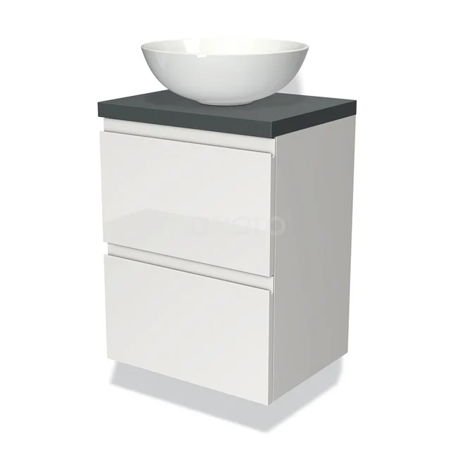Weißes Badezimmermöbel mit anthrazitfarbener Platte und rundem Waschbecken, schlankes Design aus Hochglanzmaterial, ideal für moderne Bäder.