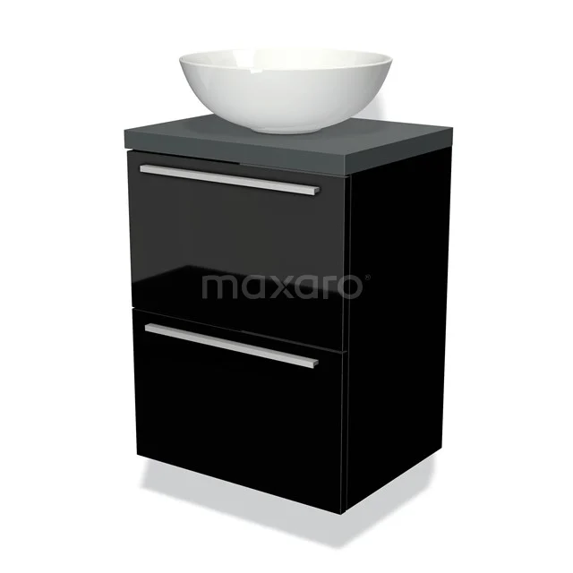 Waschtischunterschrank mit Konsole 50cm Modulo Plato Slim Hochglanz Schwarz 2 Schubladen Flach BMK37-00289 Schwarz glänzendes Badmöbel mit weißem Aufsatzwaschbecken, modernes Design, ausgestattet mit zwei Schubladen und schlichten metallischen Haltegriffen.