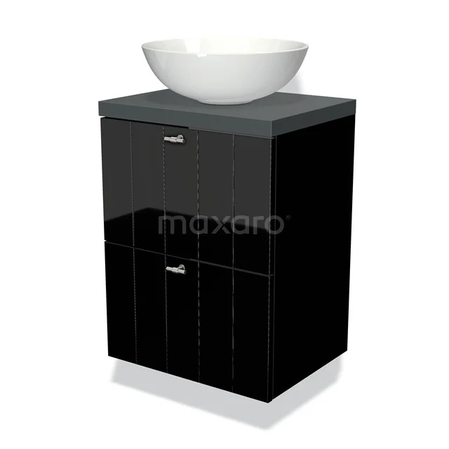 Modulo Plato Slim Vanity units for countertop basin | 50 cm High-gloss black Slat front Dark grey worktop 2 Stacked drawers BMK37-00290