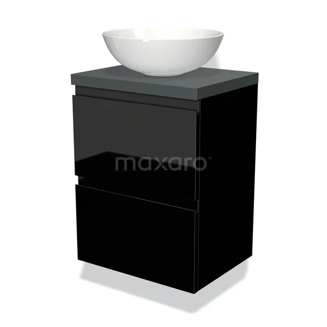 Modulo Plato Slim Vanity units for countertop basin | 50 cm High-gloss black Handle-less front Dark grey worktop 2 Stacked drawers BMK37-00291