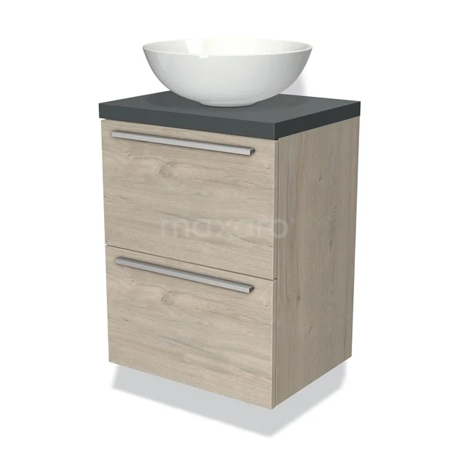 Hölzernes Badezimmermöbel mit Schubladenfronten, schwarzer Platte und weißem Aufsatzwaschbecken, modernes Design, praktisch für jedes Badezimmer.