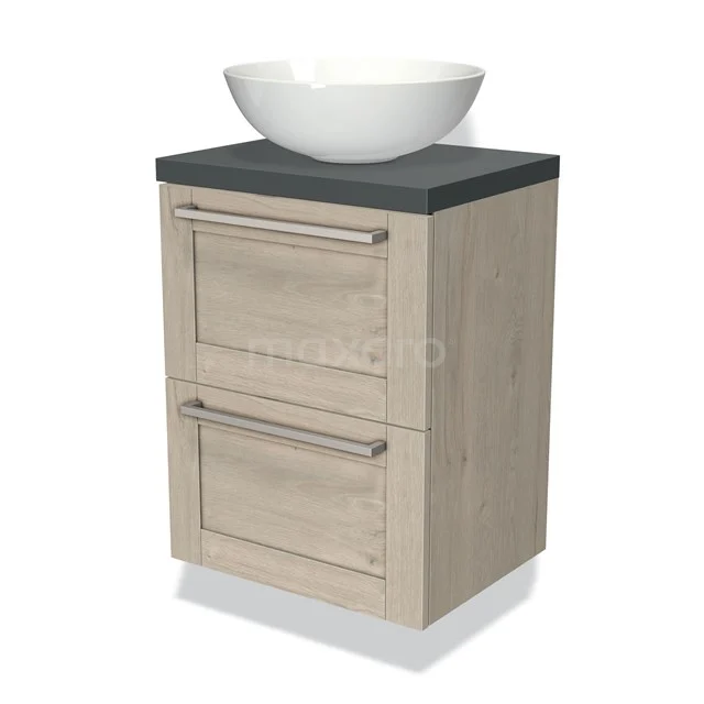 Bathroom unit with wood-look, black top and white top washbasin, including two drawers with metal handles.