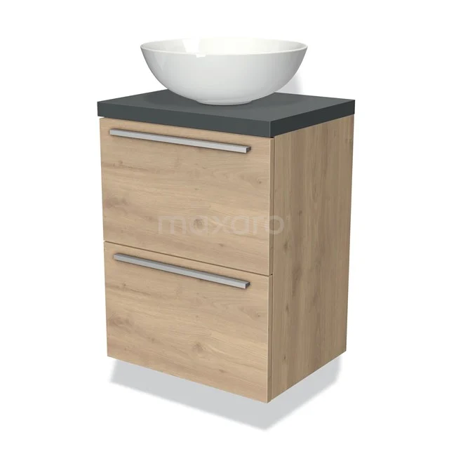 Hölzerner Badschrank mit Naturstein Platte, zwei Schubladen und einem weißen Keramik Aufsatzwaschbecken; stilvolles und funktionales Design.