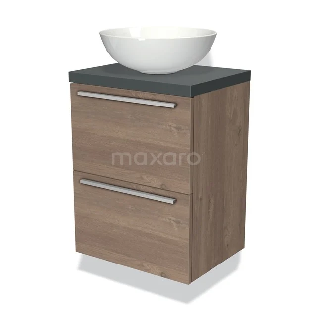 Holz-Badmöbel mit mattschwarzer Oberfläche, rundem weißen Aufsatzwaschbecken und zwei Schubladen, ideal für einen modernen Badezimmerstil.