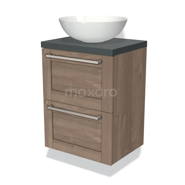 Compact wooden bathroom cabinet with two drawers, dark grey worktop and round white basin, ideal for modern bathrooms.