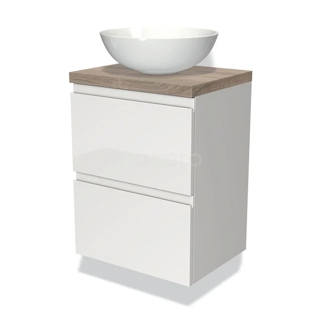Modulo Plato Slim Vanity units for countertop basin | 50 cm High-gloss white Handle-less front Oak worktop 2 Stacked drawers BMK37-00343