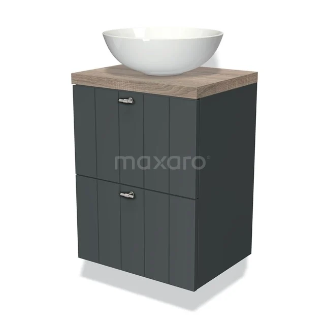 Grijs badkamermeubel met houtlook blad, keramische waskom en dubbele opberglades. Modern design voor een stijlvolle badkamer.