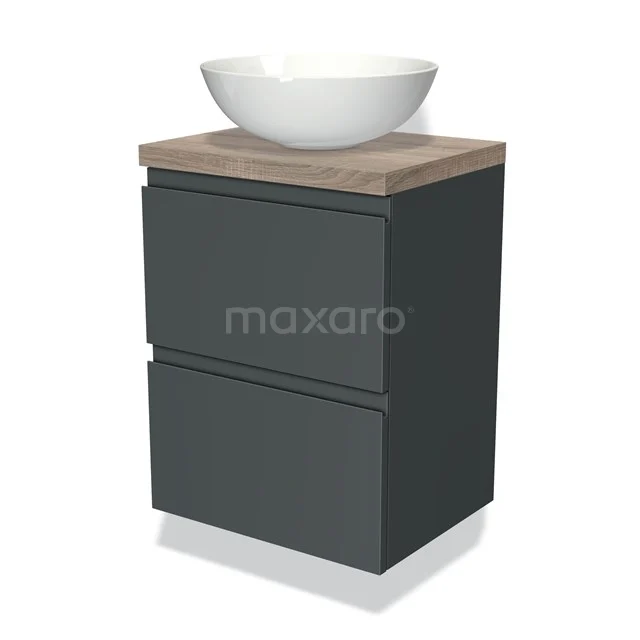 Grijze badkamermeubel met houten blad, witte ronde waskom en twee lades, ideaal voor moderne badkameropslag.