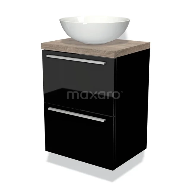 Zwart badkamermeubel met glanzende lades, houtlook blad en witte waskom; modern design, perfect voor een stijlvolle badkamer.