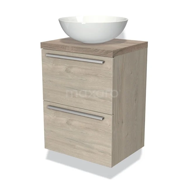 Houten badkamermeubel met twee lades en witte waskom, modern ontwerp in licht eikenhout, perfect voor een stijlvolle badkamer.