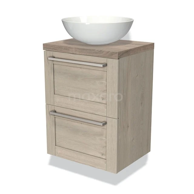 Houten badkamermeubel met waskom, beige eikenlook, twee lades met metalen handgrepen, perfect voor moderne badkamers.