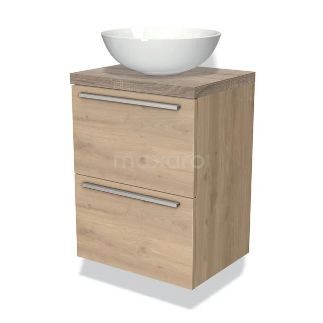 Houten badkamermeubel met twee lades, moderne waskom van keramiek, ideaal voor compacte badkamers.