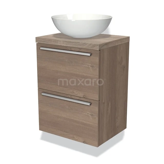 Holz-Badmöbel mit zwei Schubladen, Naturlook und weißem keramischen Aufsatzwaschbecken, ideal für einen modernen Badezimmerstil.