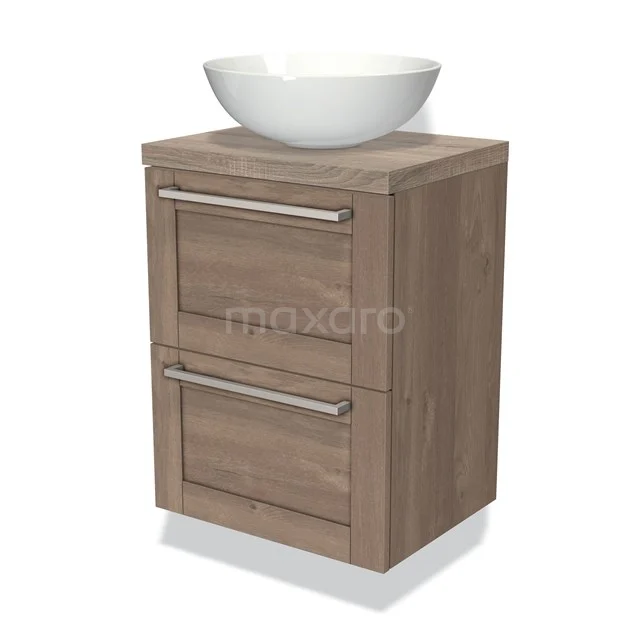 Houten wastafelmeubel met natuurlook, 2 lades en wit waskomontwerp, perfect voor een stijlvolle en moderne badkamer.