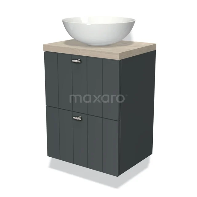 Grauer Badschrank mit zwei Schubladen, Holzplatte und weißem Aufsatzwaschbecken; modernes Design, perfekt für stilvolle Badezimmergestaltung.