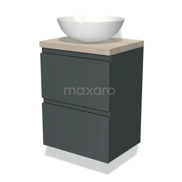 Matgrau Badezimmermöbel mit eingebauter Holzoptik-Oberfläche und weißem keramischen Aufsatzwaschbecken, ideal für moderne Badezimmer.