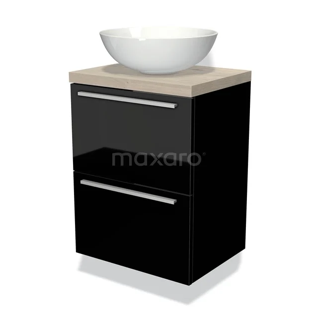 Modulo Plato Slim Vanity units for countertop basin | 50 cm High-gloss black Flat front Light grey oak worktop 2 Stacked drawers BMK37-00380