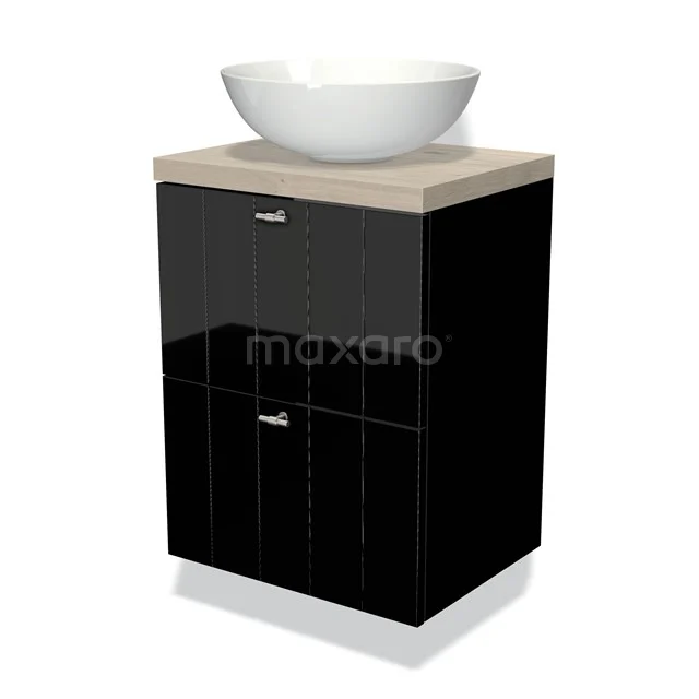 Modulo Plato Slim Vanity units for countertop basin | 50 cm High-gloss black Slat front Light grey oak worktop 2 Stacked drawers BMK37-00381