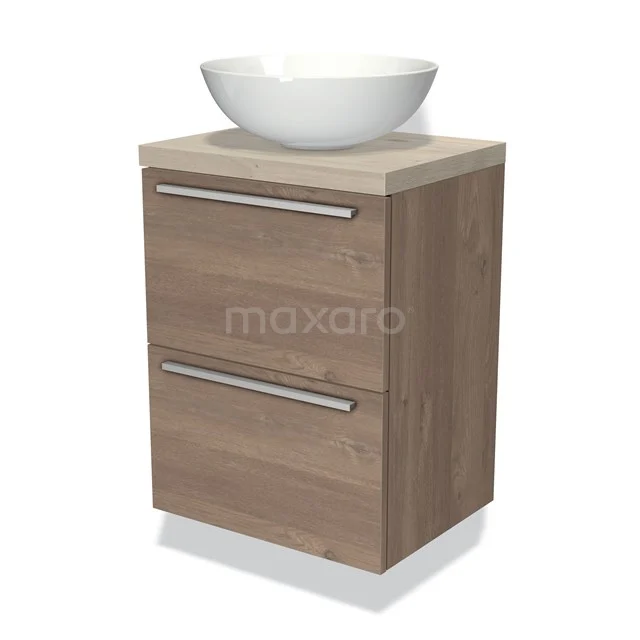 Waschtisch Holzoptik mit modernem weißen Aufsatzbecken, zwei Schubladen und schlichten Metallgriffen, ideal für ein stilvolles Badezimmer.